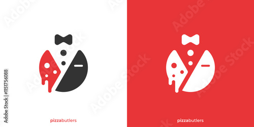 Abstract Pizza Butler Logo. Slice of Pizza and Waiter Suit Graphic Icon. Pizzeria Logo Design Template.