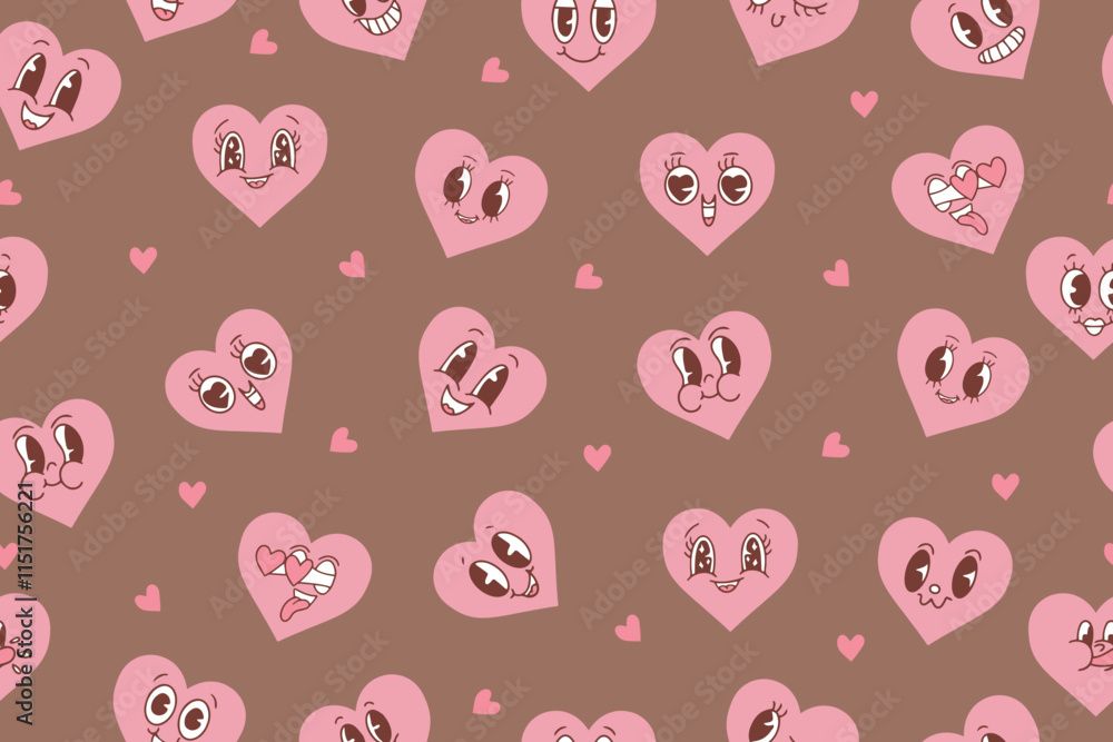 Fototapeta premium Kawaii hearts, set of cute emoji icons, stickers. Hand drawn emotional characters. Cute love characters with different faces, funny positive emotions. Vector illustration on mocha mousse background.