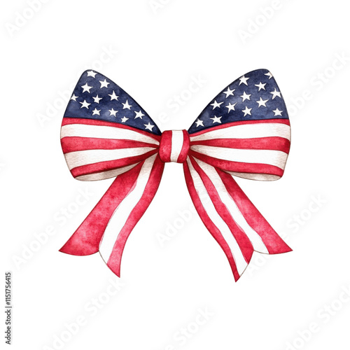 Watercolor bow with USA flag inspired design, featuring stars and stripes in red, white, and blue