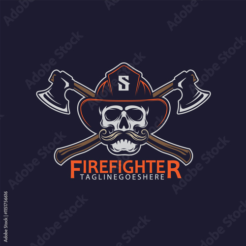 Firefighter And Crossed Axes Hatchet with Mustache Skull Wearing Fireman Helmet, Logo Vector Illustration