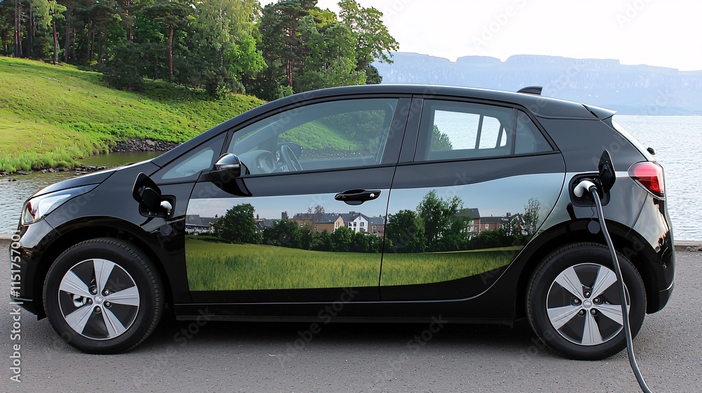 of an electric car charging, overlaid with an image of a green landscape, highlighting sustainable transportation. | [Environmental]:[Renewable energy] 
