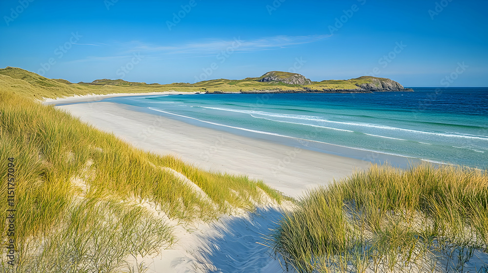 A serene beach scene with soft sands, gentle waves, and lush greenery under a clear blue sky. A serene beach scene with soft sands, gentle waves, and lush greenery under a clear blue sky.