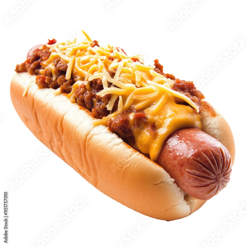 Chili hotdog with cheese isolated on white or transparent background