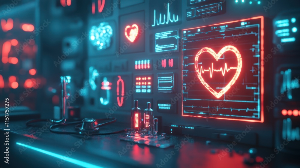 Futuristic medical interface showing heart rate. Futuristic medical interface showing heart rate.