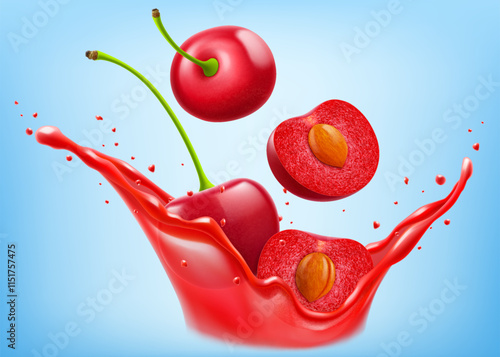 Fresh ripe cherries falls into a splash of juice, isolated on blue background. Realistic 3d vector illustration. Summer vitamin food and drink. Cherry berry smoothie splash