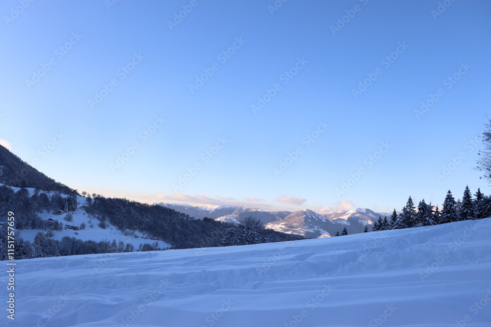 Snowy landscape with snow in the foreground Snowy landscape with snow in the foreground