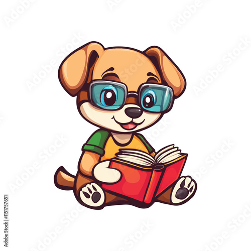 cute mascot dog reading a book
