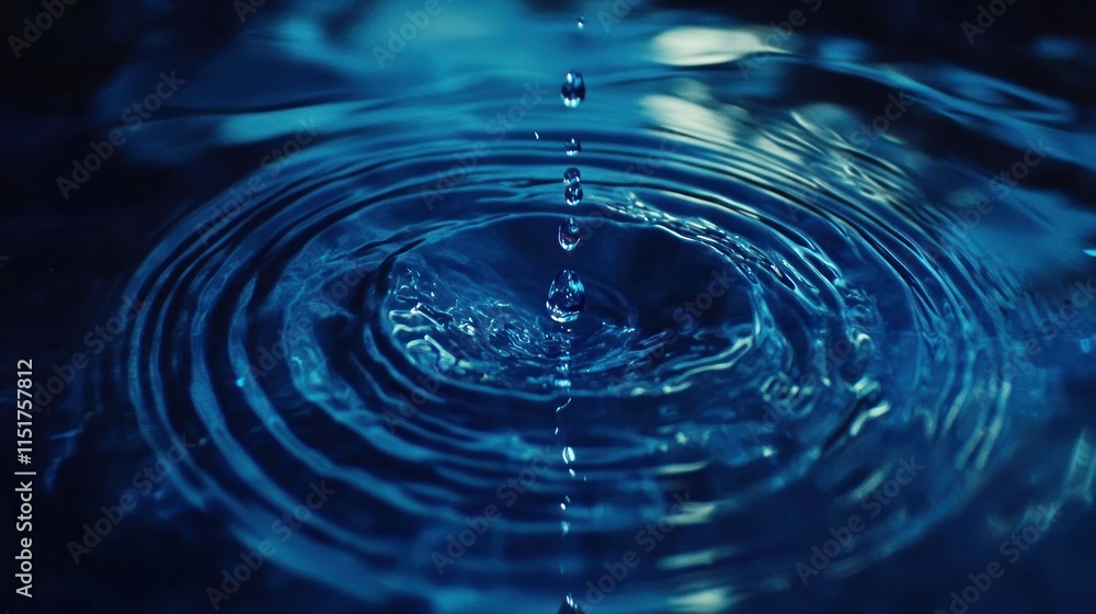 Blue water drop falling, creating ripples. Blue water drop falling, creating ripples.