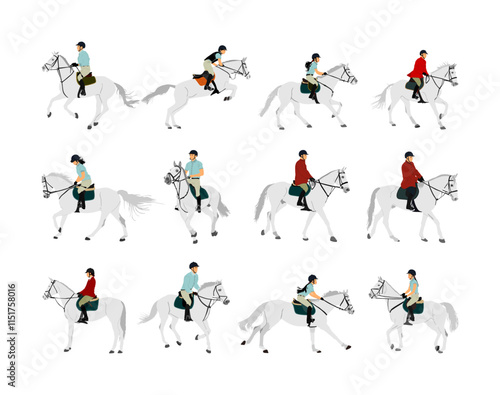 Set of racing white horse in gallop vector illustration isolated on background. Jockey riding jot horse in race. Hippodrome sport event. Entertainment gambling. Equestrian rider jumping over barrier.
