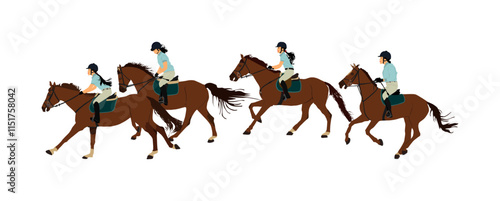 Female horse race, racing horse in gallop vector illustration isolated on background. Woman jockey riding jot horse in race. Hippodrome sport event. Entertainment gambling. Lady equestrian show.