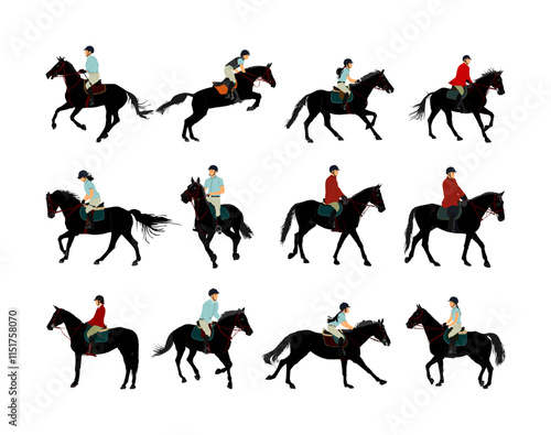 Set of racing black horse in gallop vector illustration isolated on background. Jockey riding jot horse in race. Hippodrome sport event. Entertainment gambling. Equestrian rider jumping over barrier.