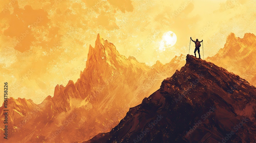 Fototapeta premium Triumphant hiker on peak, sunset over golden mountains.