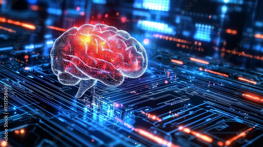 Fototapeta premium Dynamic Visualization of AI Processes with Brain on Circuit Board Background