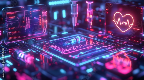 Futuristic medical technology interface with heart rate monitor and syringes.