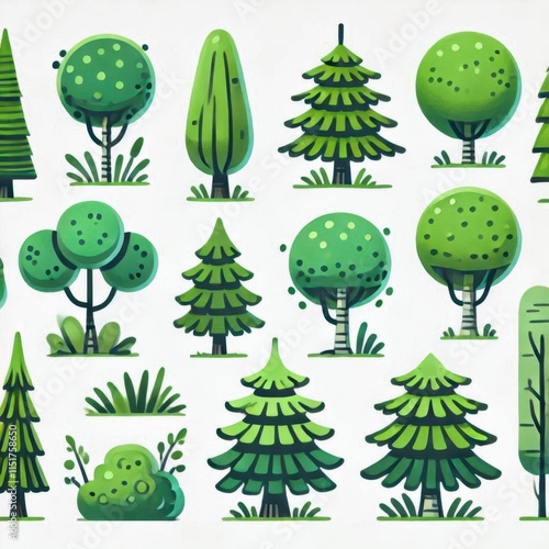 Collection of trees isolated on white background. 
Cartoon trees set isolated on a white background. Simple modern style. Cute green plants, forest, vector flat	
Flat style vector illustration.