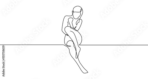 Continuous One Line of Woman Sitting Pose Nude Line Art Vector Illustration. Continuous Line Woman Body, Abstract Contour Drawing of Female Figure Art