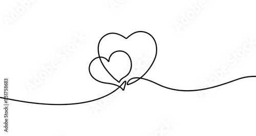 Two Hearts Continuous One Line Drawing in Trendy Minimalist Contour Style. Abstract Vector Illustration for Valentine`s Day. Love Symbol One Line Template for Modern Design.