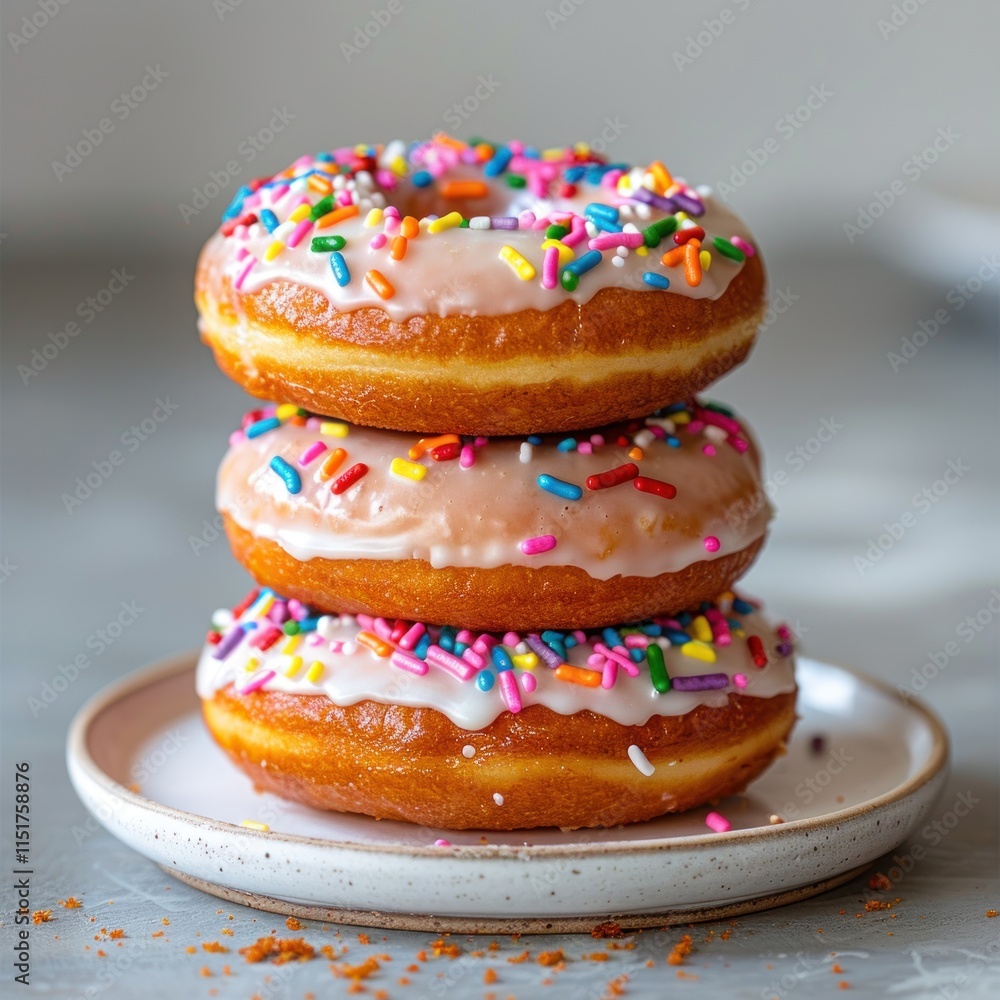 Stacked donuts with icing and sprinkles on plate. Stacked donuts with icing and sprinkles on plate.