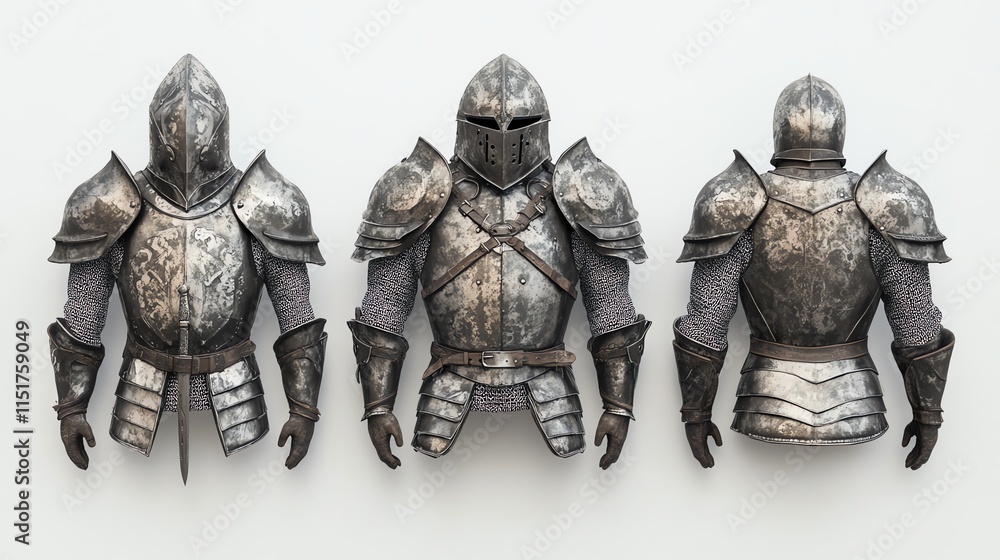 A set of three medieval knight suits of armor, isolated on a white background. A set of three medieval knight suits of armor, isolated on a white background.