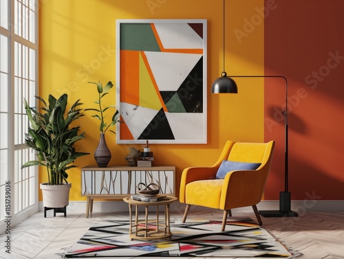 Abstract Geometric Suprematism Living Room Interior Design with Vibrant Colors photo