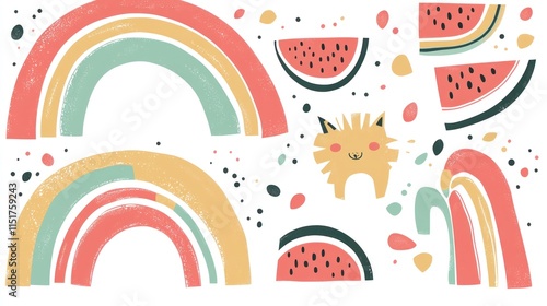 Whimsical Summer Rainbow and Watermelon Illustration
