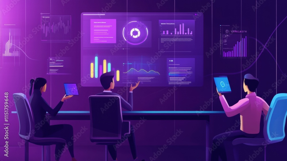 Business Team Meeting with Data Analytics Visuals and Modern Technology Business Team Meeting with Data Analytics Visuals and Modern Technology