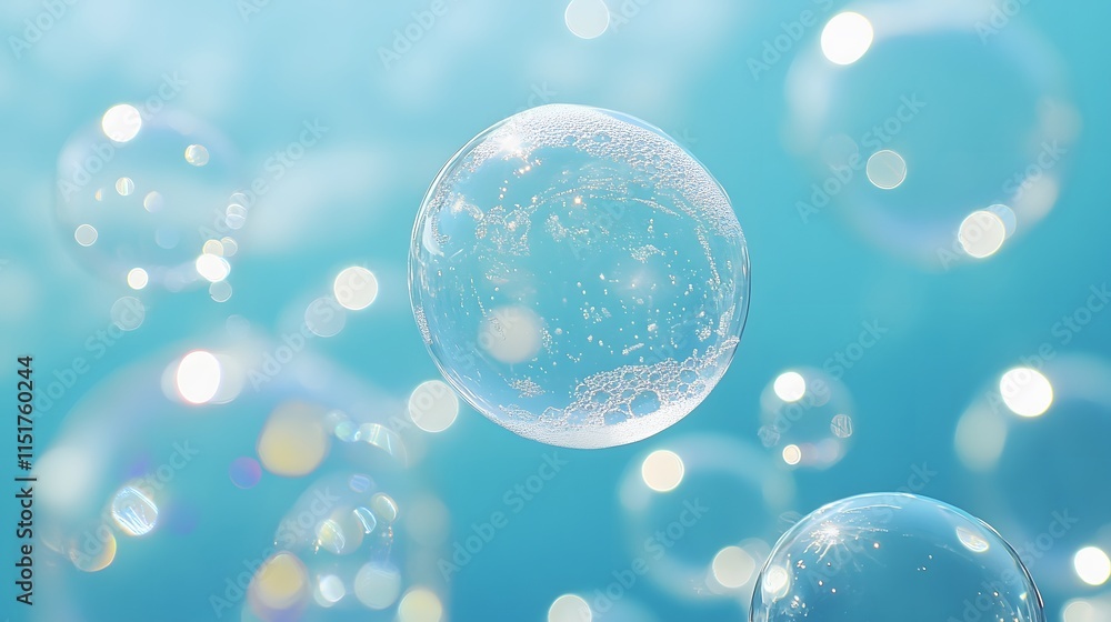 Soap bubbles and foam on ocean blue background. Macro photography of white foam texture and transparent suds. Clean minimalist design with aqua blue gradient. Hygiene concept in commercial style. Soap bubbles and foam on ocean blue background. Macro photography of white foam texture and transparent suds. Clean minimalist design with aqua blue gradient. Hygiene concept in commercial style.