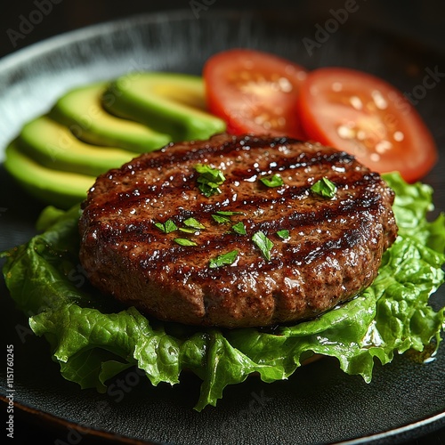 Bison burger served in a lettuce wrap with avocado slices. photo