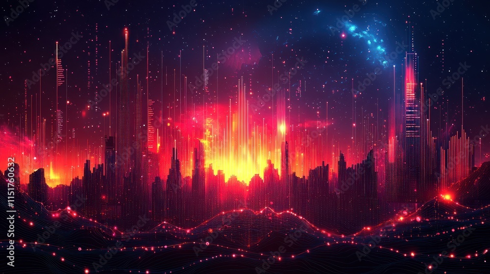 Fototapeta premium Futuristic Cityscape at Night: A Digital Painting of a Vibrant, Illuminated Metropolis Under a Starry Sky