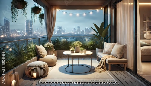 A peaceful balcony setup featuring a small table, cozy outdoor cushions, and a breathtaking view of the city skyline, emphasizing tranquility and modern design