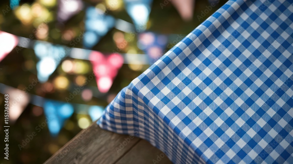 Fototapeta premium Blue and white checkered tablecloth outdoors near festive lights