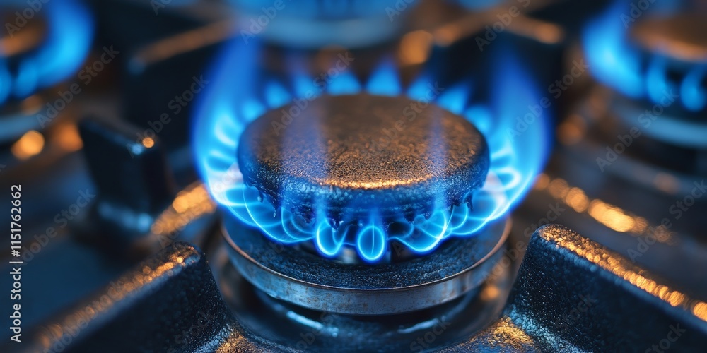 Blue natural gas flame against bright background