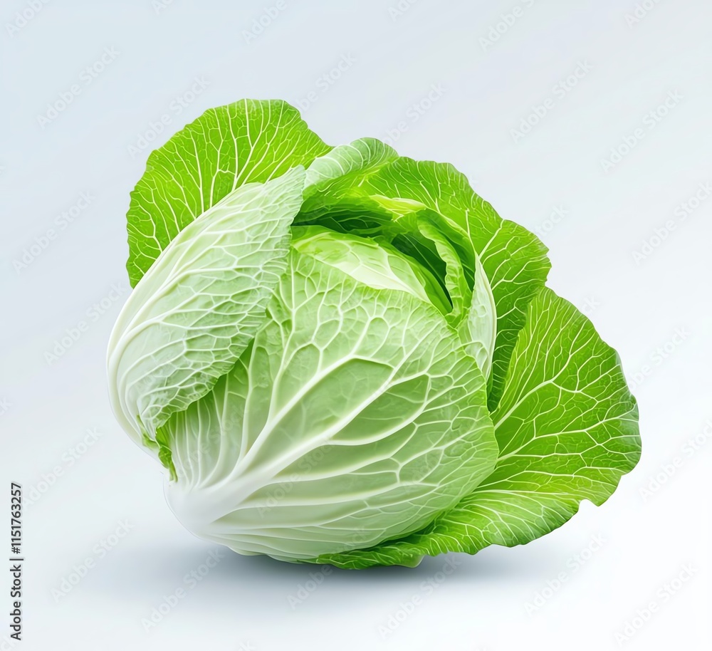 Fototapeta premium Fresh green cabbage with crisp leaves on white isolated background, showcasing its natural texture and vibrant color.
