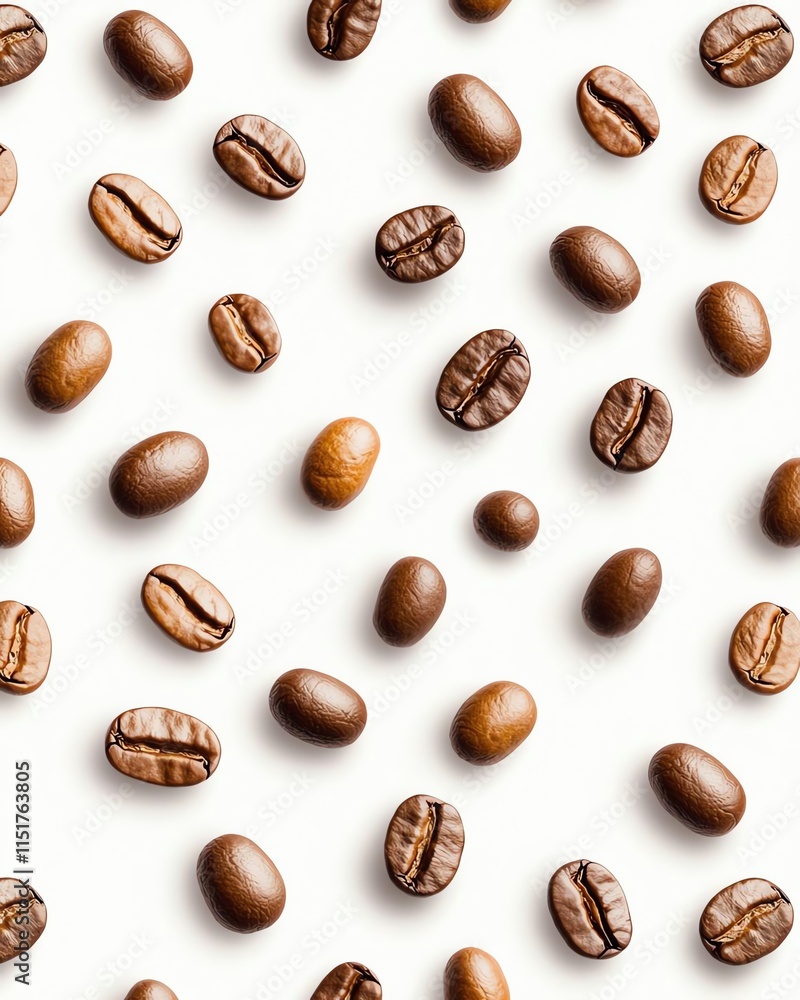 Coffee beans scattered on a white background creating a textured and aromatic pattern. Perfect for coffee-related designs or branding.