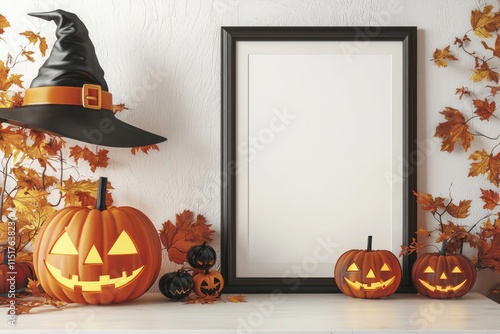 Halloween-themed frame mockup within an autumn interior, designed for showcasing prints and posters photo