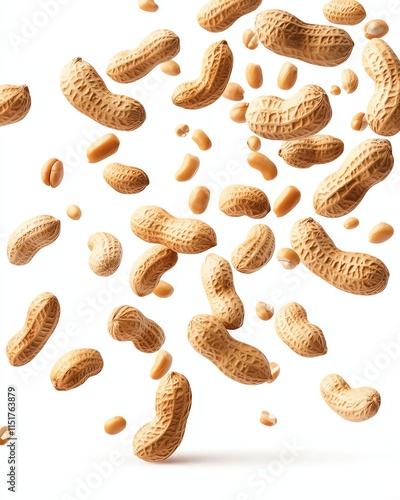 Peanuts floating mid-air on a white background create a dynamic and appetizing composition, perfect for culinary design and marketing.