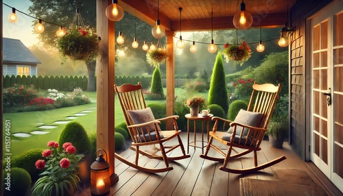 A relaxing porch with rocking chairs, hanging lights, and a view of the garden