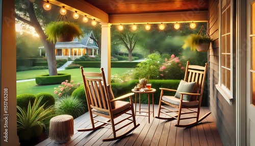 A cozy porch featuring classic rocking chairs, string lights hanging above, and a lush garden view, creating a serene and tranquil ambiance