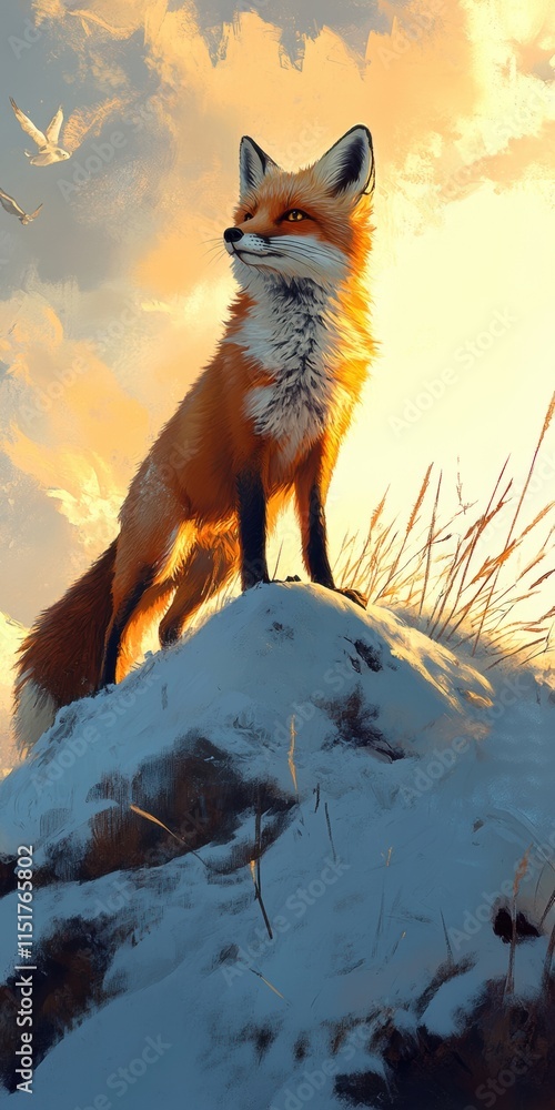 Majestic fox standing on snowy hill at sunset wildlife photography natural environment captivating view Majestic fox standing on snowy hill at sunset wildlife photography natural environment captivating view
