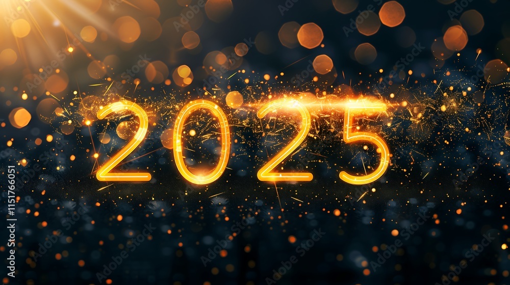 Stylish black background with glowing neon 2025 numbers, surrounded by subtle gold dust and festive accents.