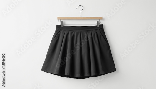 Minimalist Black A-Line Skirt with Pockets Displayed on a Hanger Against a White Background, Showcasing Clean and Timeless Fashion Design, Ai Generated Images photo