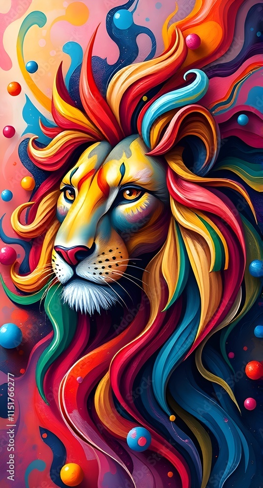 An abstract and colorful depiction of a lion's head. An abstract and colorful depiction of a lion's head.