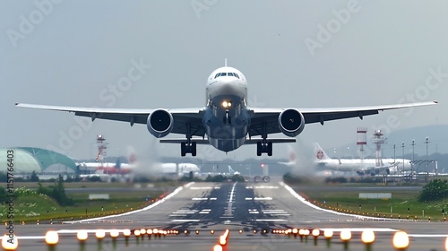 Vivid portrayal of an aircraft climb as it takes off with the airplane ascending into the sky from the airport runway showcasing the takeoff run and aviation departure photo