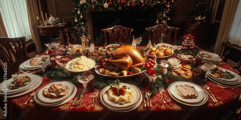 Thanksgiving feast celebration elegant dining room food presentation cozy atmosphere aerial view family gathering Thanksgiving feast celebration elegant dining room food presentation cozy atmosphere aerial view family gathering