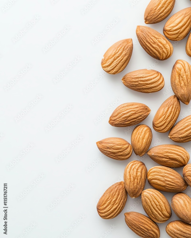 A collection of raw almonds scattered on a light surface A collection of raw almonds scattered on a light surface