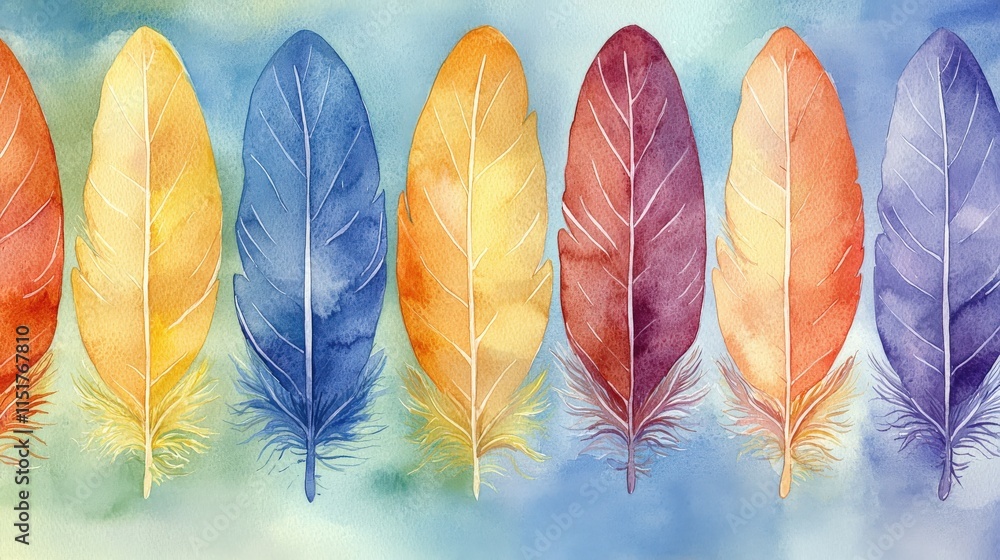 Fototapeta premium Watercolor painting of colorful feathers in a row