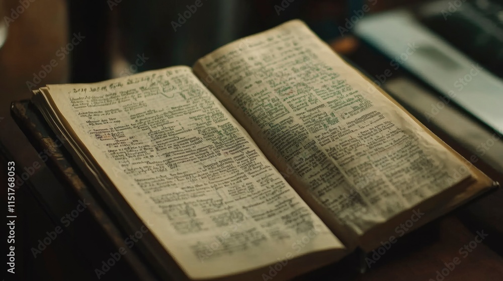 Obraz premium Antique Book Open Displaying Old Script Text