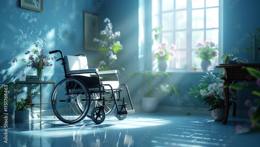 Empty Wheelchair by the Window in a Sunny Room Empty Wheelchair by the Window in a Sunny Room