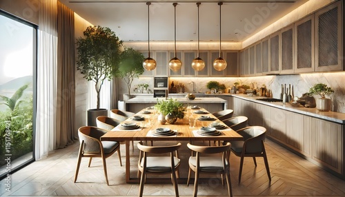 A luxurious high-end kitchen featuring a spacious wooden dining table, elegant ceramic tableware, and lush hanging plants for a stylish and cozy ambiance