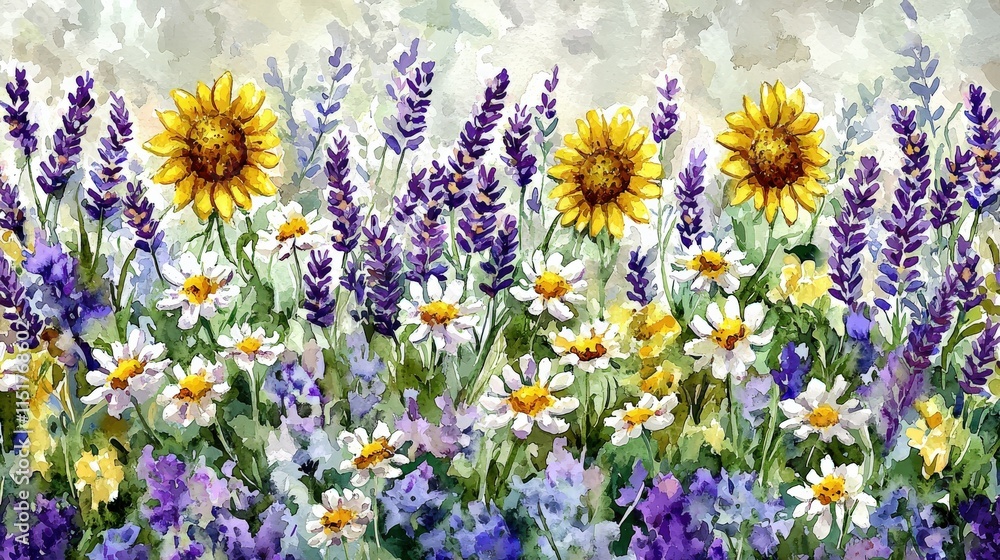 Sunflowers, daisies, and lavender in a vibrant watercolor garden Sunflowers, daisies, and lavender in a vibrant watercolor garden